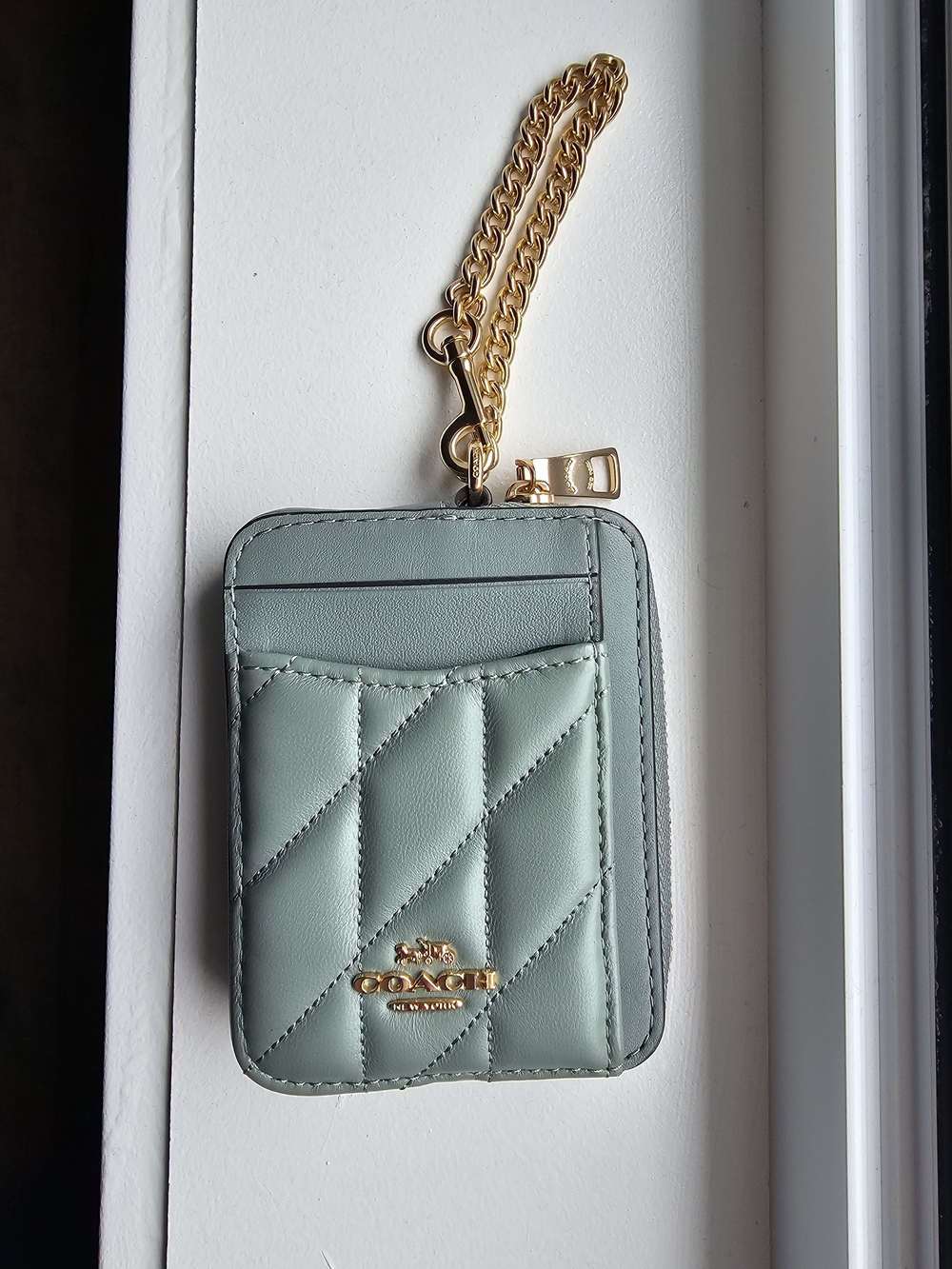 Coach Quilted Card Case with Gold Chain - Sage